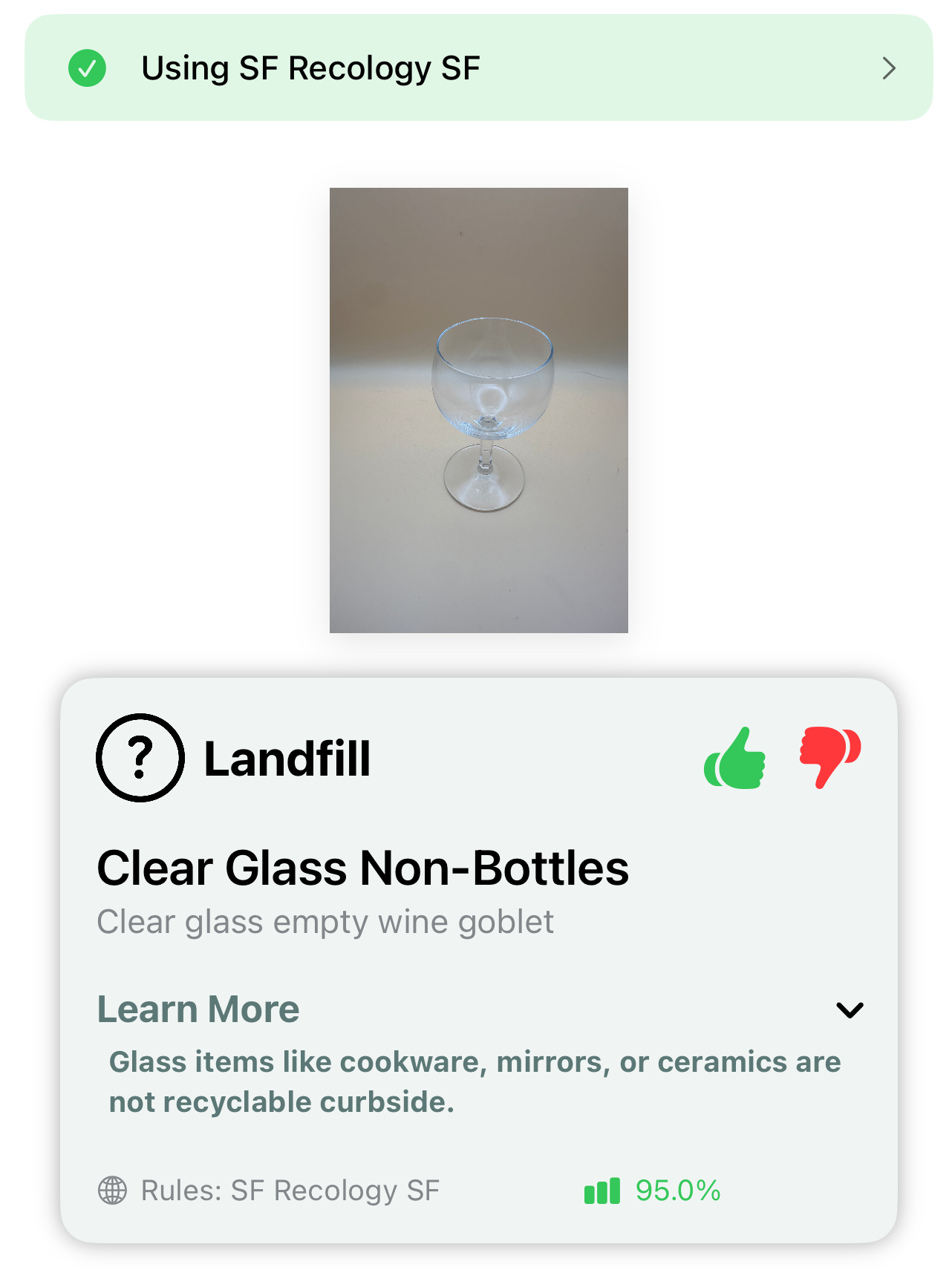 EarthSort identifying a wine goblet and showing landfill guidance for SF Recology